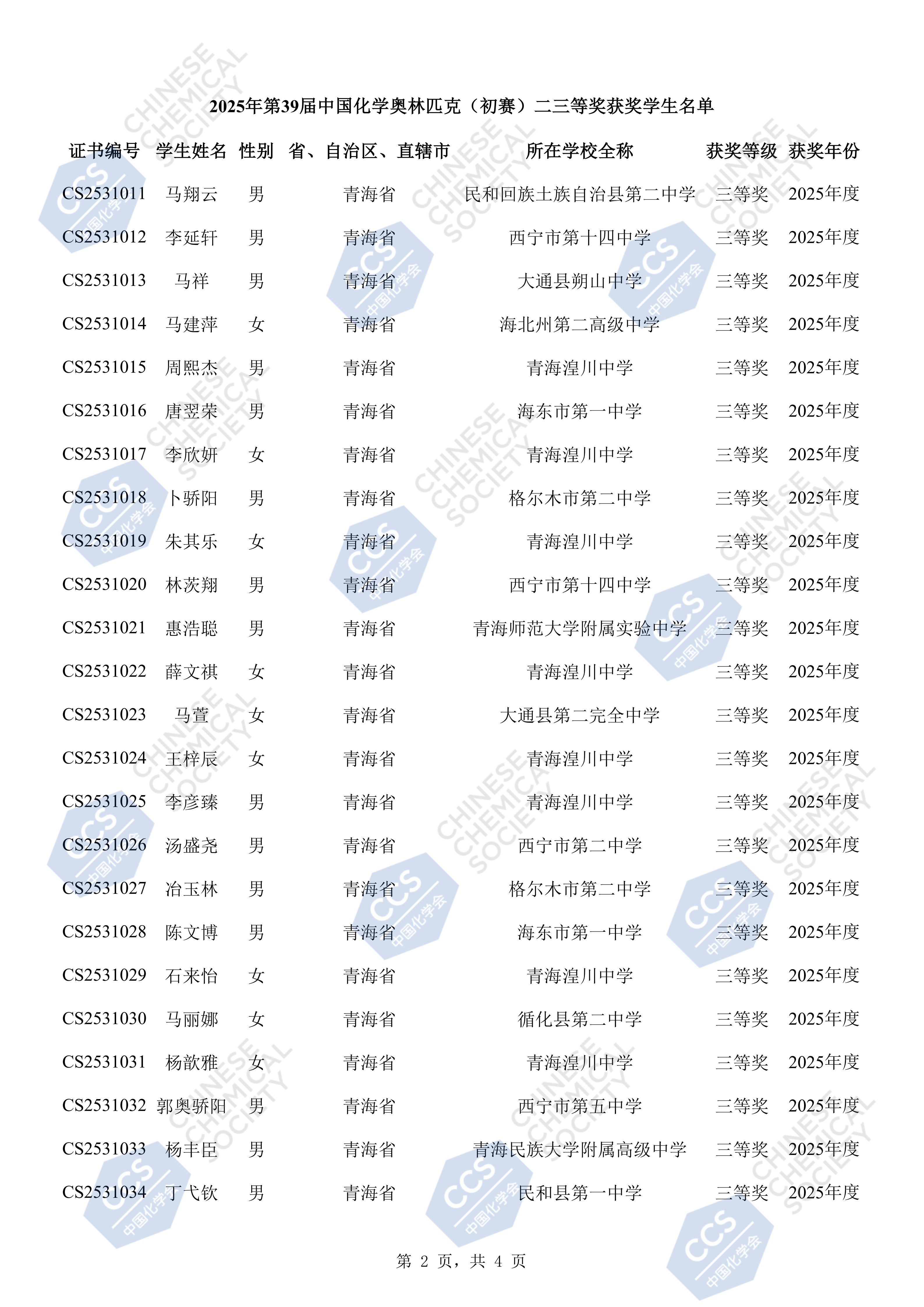 青海省2025年第39届全国中学生化学竞赛初赛省三获奖名单